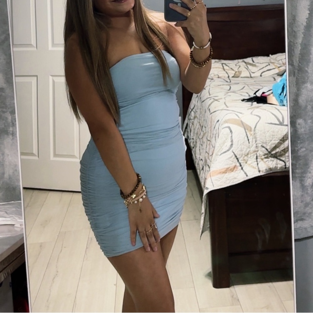 Strapless Light Blue Bodycon Dress - Women